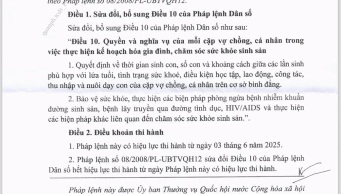 Pháp lệnh sửa đổi, bổ sung Điều 10 của Pháp lệnh Dân số, có hiệu lực thi hành từ ngày 03/6/2025