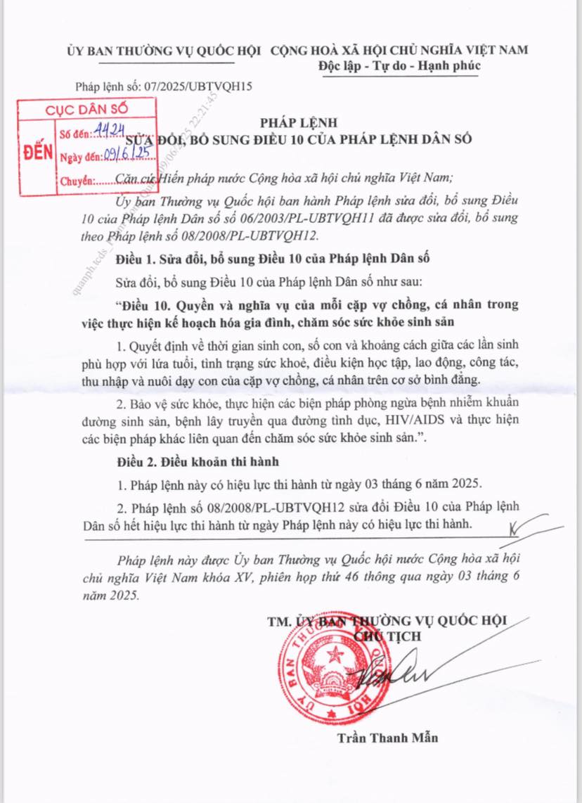 Pháp lệnh sửa đổi, bổ sung Điều 10 của Pháp lệnh Dân số, có hiệu lực thi hành từ ngày 03/6/2025